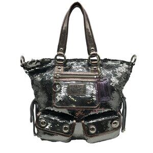 Coach Stone Gray Blue Poppy Sequin Spotlight Convertible Tote Bag 13821
